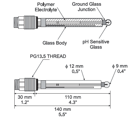 Hanna pH-Elektrode Glas HI1190T, Maße