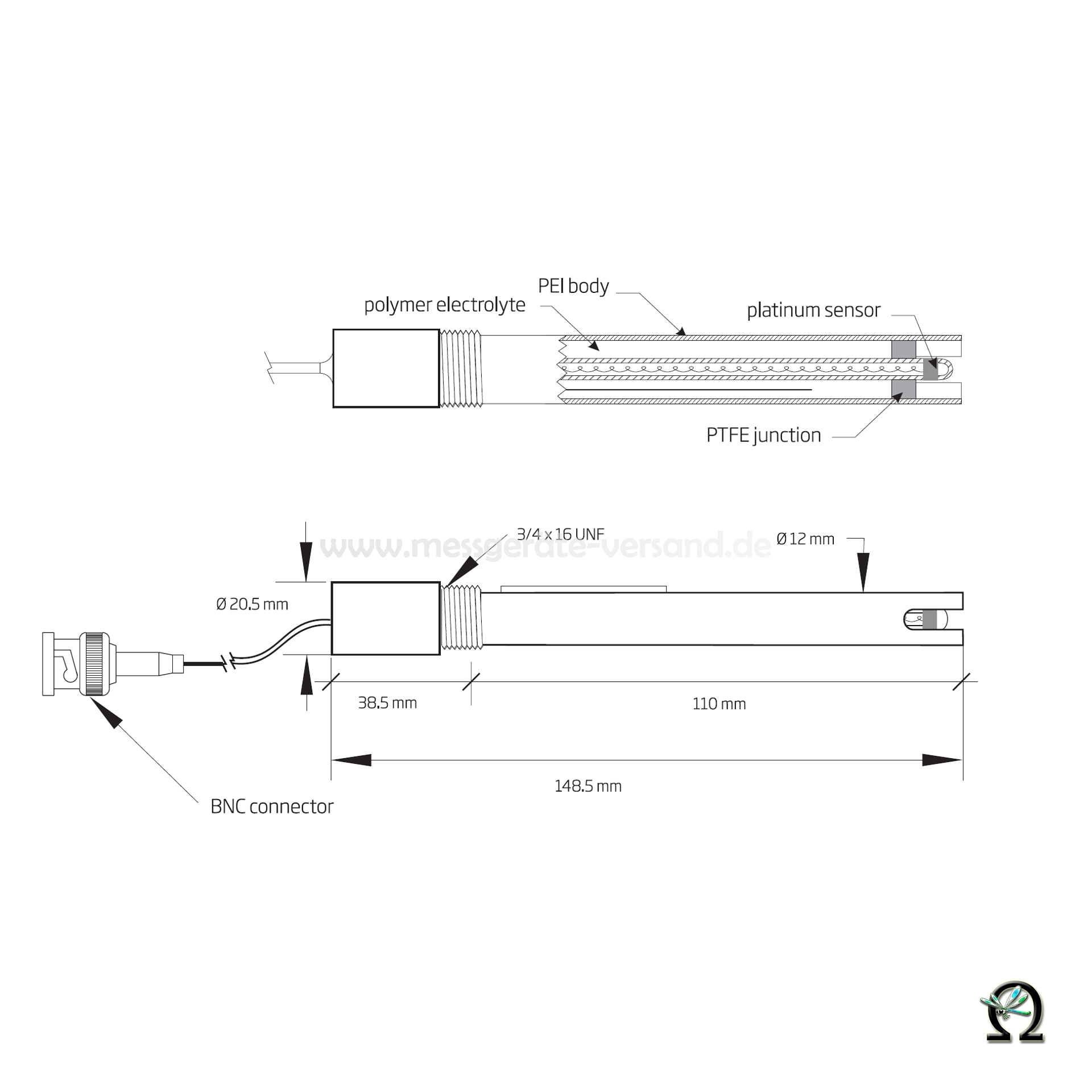 Hanna Kombinierte pH-Elektrode Kunststoff HI1210B/5 2faches Diaphragma, Maßzeichnung