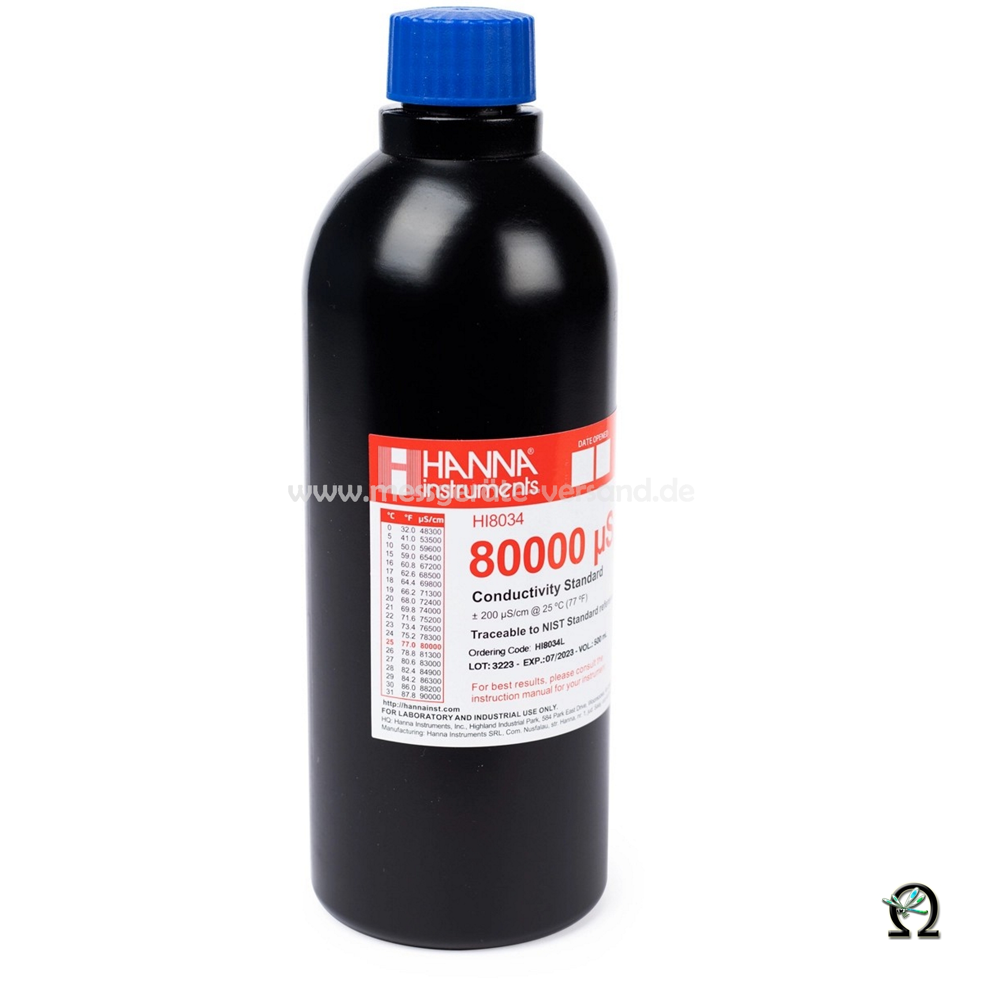 Hanna EC-Kalibrierlösung HI8034 80.000 µS/cm (80,00 mS) in lichtdichter 500 mL-Flasche