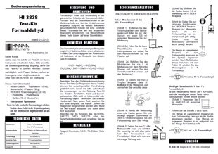 Hanna Testkit HI3838 Formaldehyd (0,00-1,00 %; 0,0-10,0 %) Gebrauchsanleitung deutsch als PDF-Datei zum herunterladen und ausdrucken