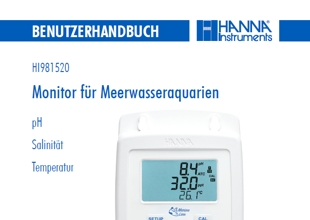 Das Benutzerhandbuch für den Monitor HI981520 für pH, Salzgehalt und Temperatur in Meerwasserquarienals PDF-Datei zum herunterladen und ausdrucken