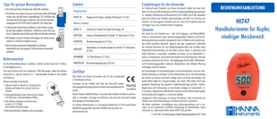 Mini-Photometer HI747 Checker HC für Kupfer Niedrig (0 bis 999 µg/L), Bedienungsanleitung deutsch als PDF-Datei zum herunterladen und ausdrucken.